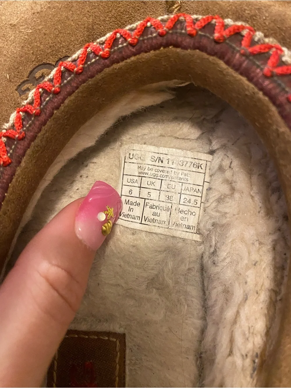UGG Kids Chestnut Suede Slip-On Slippers with Red Trim